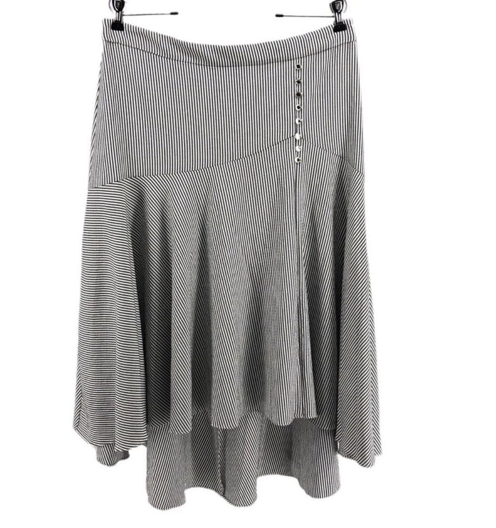 Women's Calvin Klein Dark Gray White Stripe Skirt Drape Button Midi Size 14 AQ40